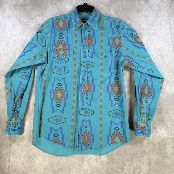 Wrangler Other - Wrangler Brushpopper Shirt 16 36 Blue Aztec Southwest Checotah Cowboy Rodeo VTG